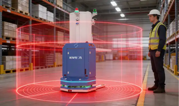 AGV Kivnon con seguridad certificada y cobertura láser 360° para operación segura con personas.