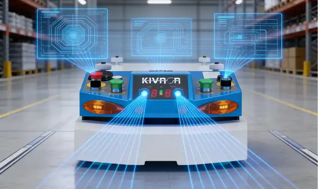 AGV Kivnon con navegación multitecnología mediante SLAM autónomo, guiado magnético y QR Code en entorno industrial.
